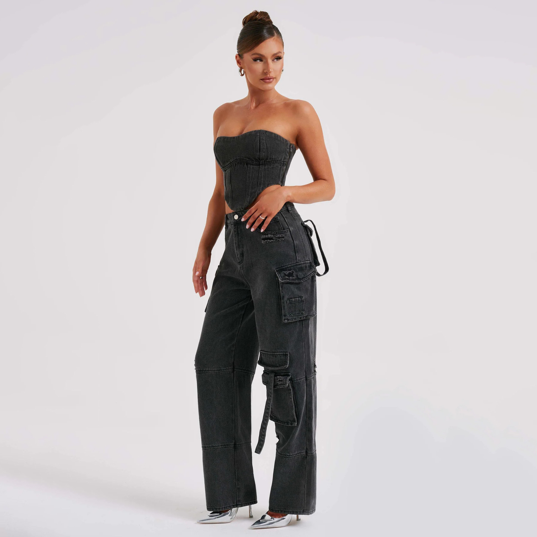 Denim-set – kort tubtop och löst sittande cargobyxor för damer, tvådelat set-Mira Lina