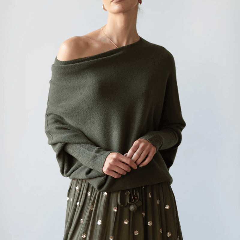 Batwing-tröja | Löst sittande | En axel | Stickad tröja | Damksyntetmaterial med struktur-Mira Lina