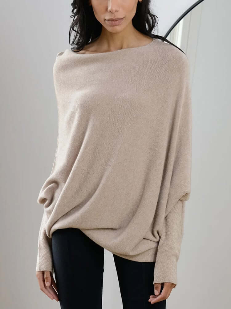 Batwing-tröja | Löst sittande | En axel | Stickad tröja | Damksyntetmaterial med struktur-Mira Lina