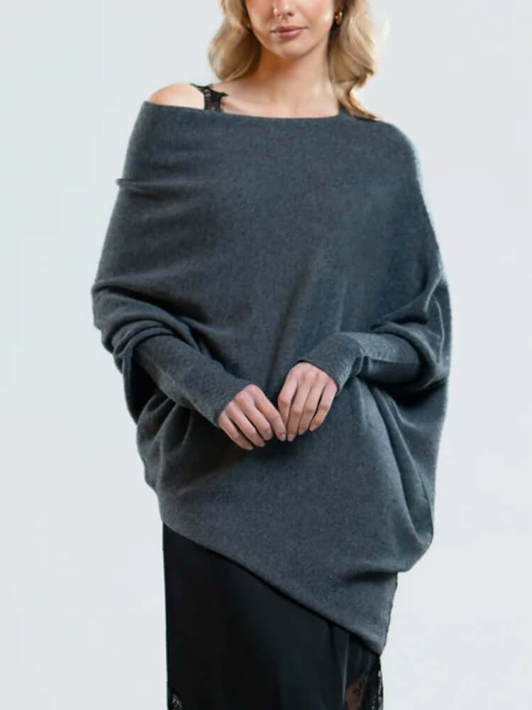 Batwing-tröja | Löst sittande | En axel | Stickad tröja | Damksyntetmaterial med struktur-Mira Lina