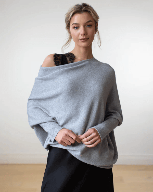Batwing-tröja | Löst sittande | En axel | Stickad tröja | Damksyntetmaterial med struktur-Mira Lina
