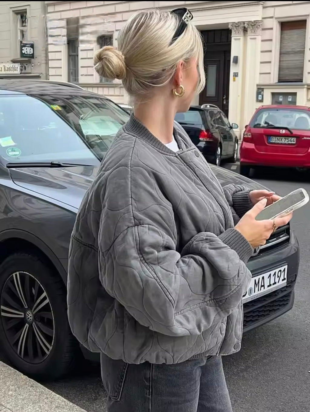 Bomberjacka - Grå - Vadderad - Oversized jacka - Quiltade bomberjackor för damer-Mira Lina