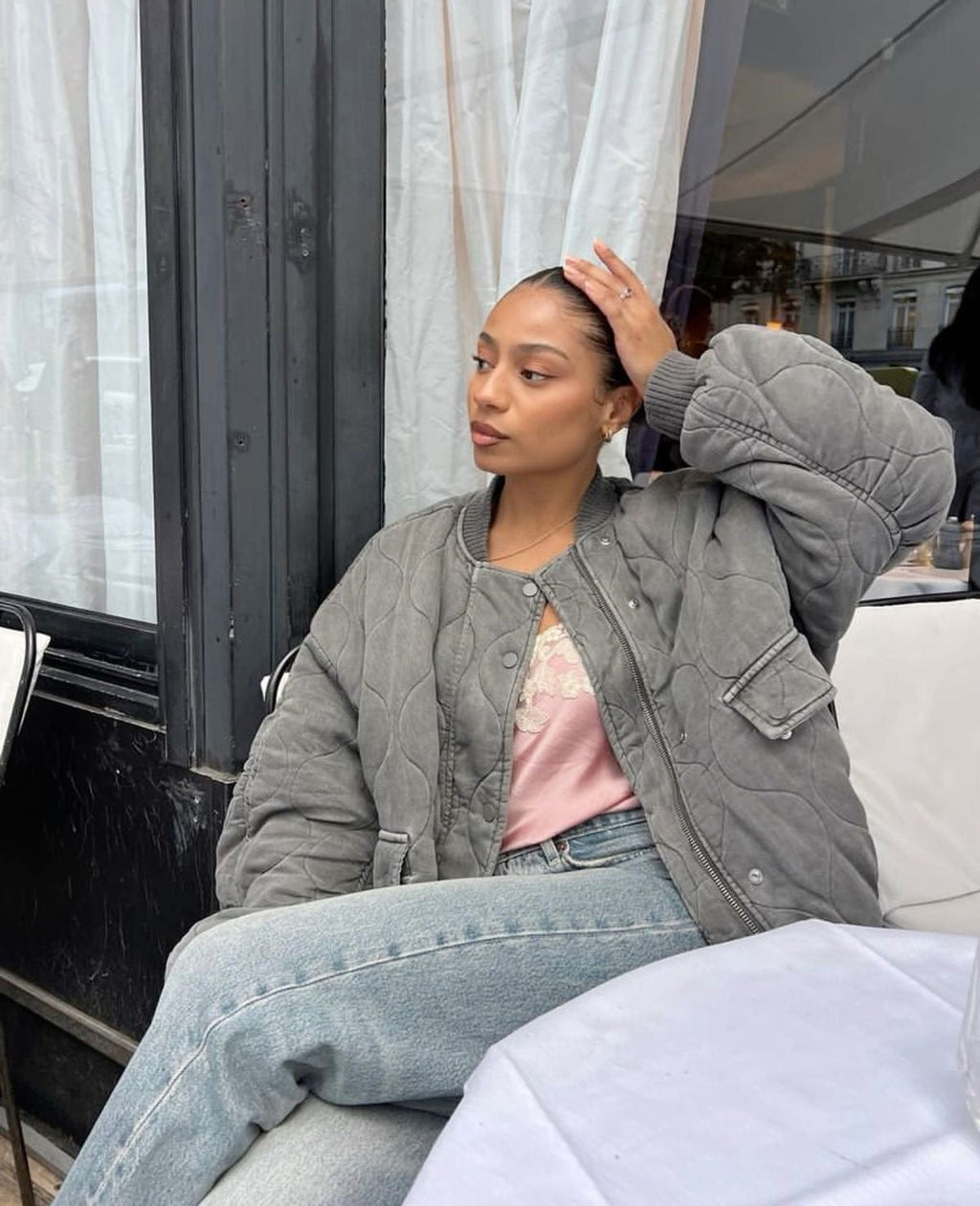 Bomberjacka - Grå - Vadderad - Oversized jacka - Quiltade bomberjackor för damer-Mira Lina