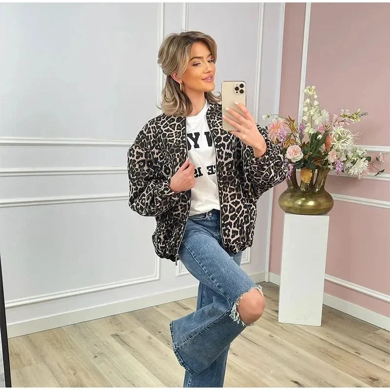 Bomberjacka med leopardmönster | Oversized | Dragkedja | Leopardjacka | Damjacka-Mira Lina