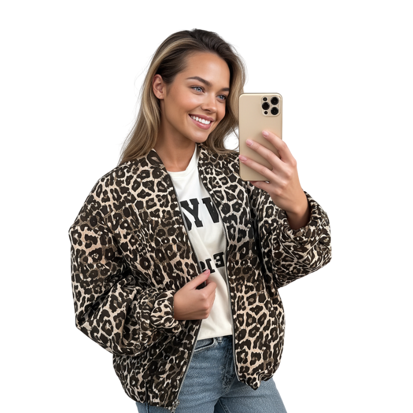 Bomberjacka med leopardmönster | Oversized | Dragkedja | Leopardjacka | Damjacka-Mira Lina