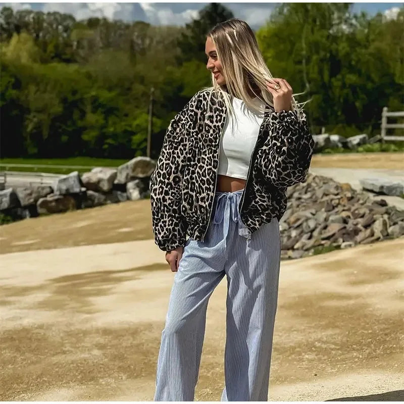 Bomberjacka med leopardmönster | Oversized | Dragkedja | Leopardjacka | Damjacka-Mira Lina