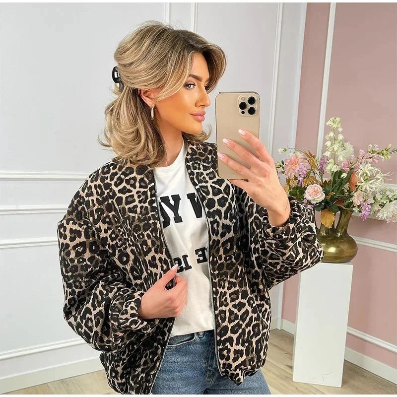 Bomberjacka med leopardmönster | Oversized | Dragkedja | Leopardjacka | Damjacka-Mira Lina