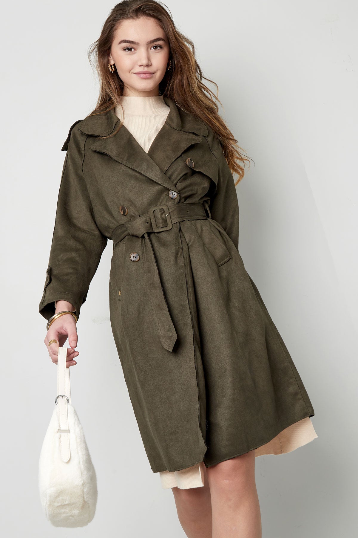 Borstad mikrofiber Trenchcoat | Medellång | Höst | Dubbelknäppt trenchcoat | Trenchcoat för damer-Mira Lina