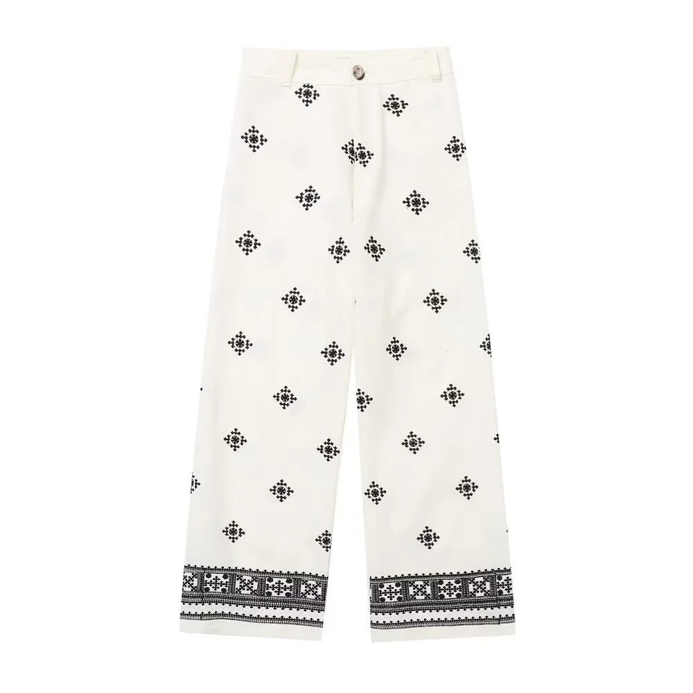 Breda Byxor – Dambyxor med hög midja i boho-stil, vita sommarbyxor-Mira Lina