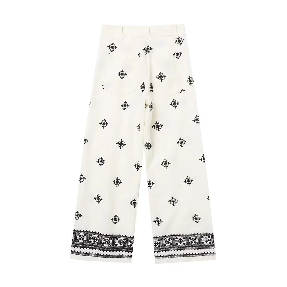 Breda Byxor – Dambyxor med hög midja i boho-stil, vita sommarbyxor-Mira Lina