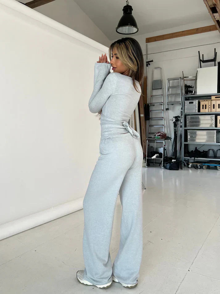 Byxor och Toppset | Långärmad | V-ringad hals | Tvådelat set | Damksyntetmaterial med struktur-Mira Lina