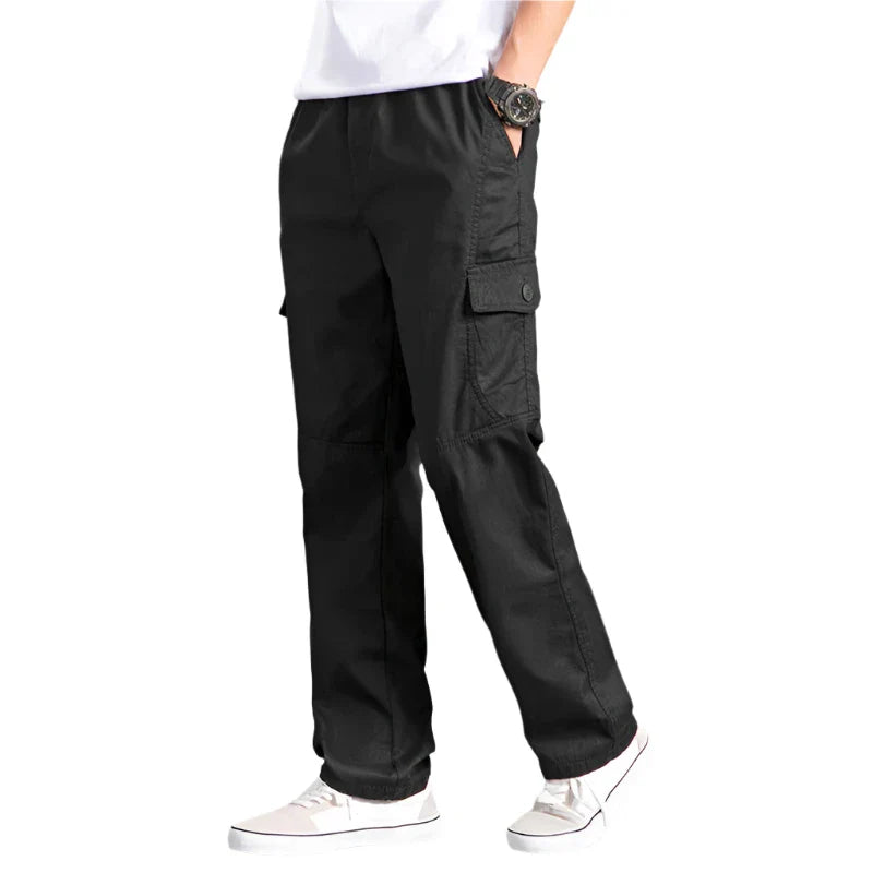 Cargobyxor | Raka ben | Naturfiberblandning | Löst sittande byxor | Herrksyntetmaterial med struktur-Mira Lina