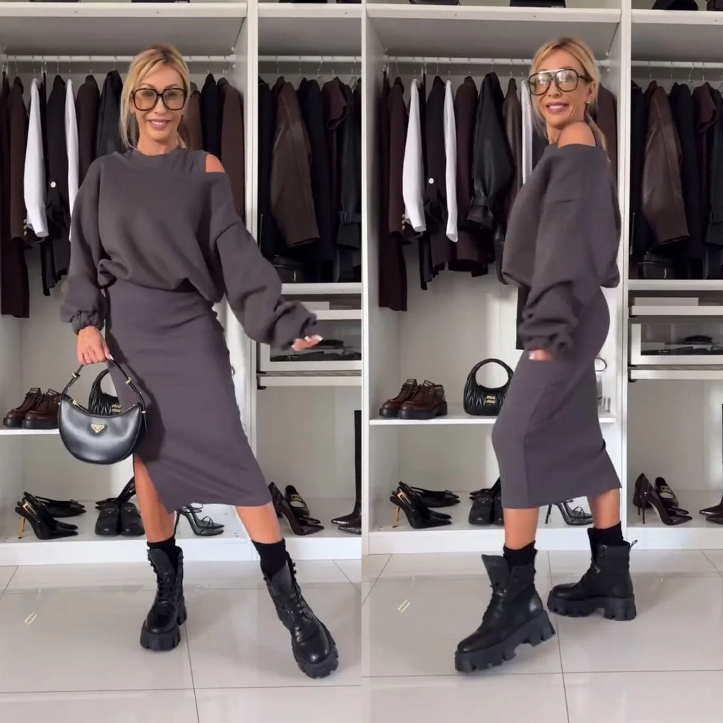Co-Ord Set - Bodycon midiklänning och sweatshirt för kvinnor-Mira Lina