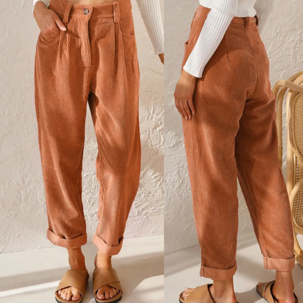 Cordbyxor | Corduroy | Hög midja | Baggybyxor | Dambyxor-Mira Lina