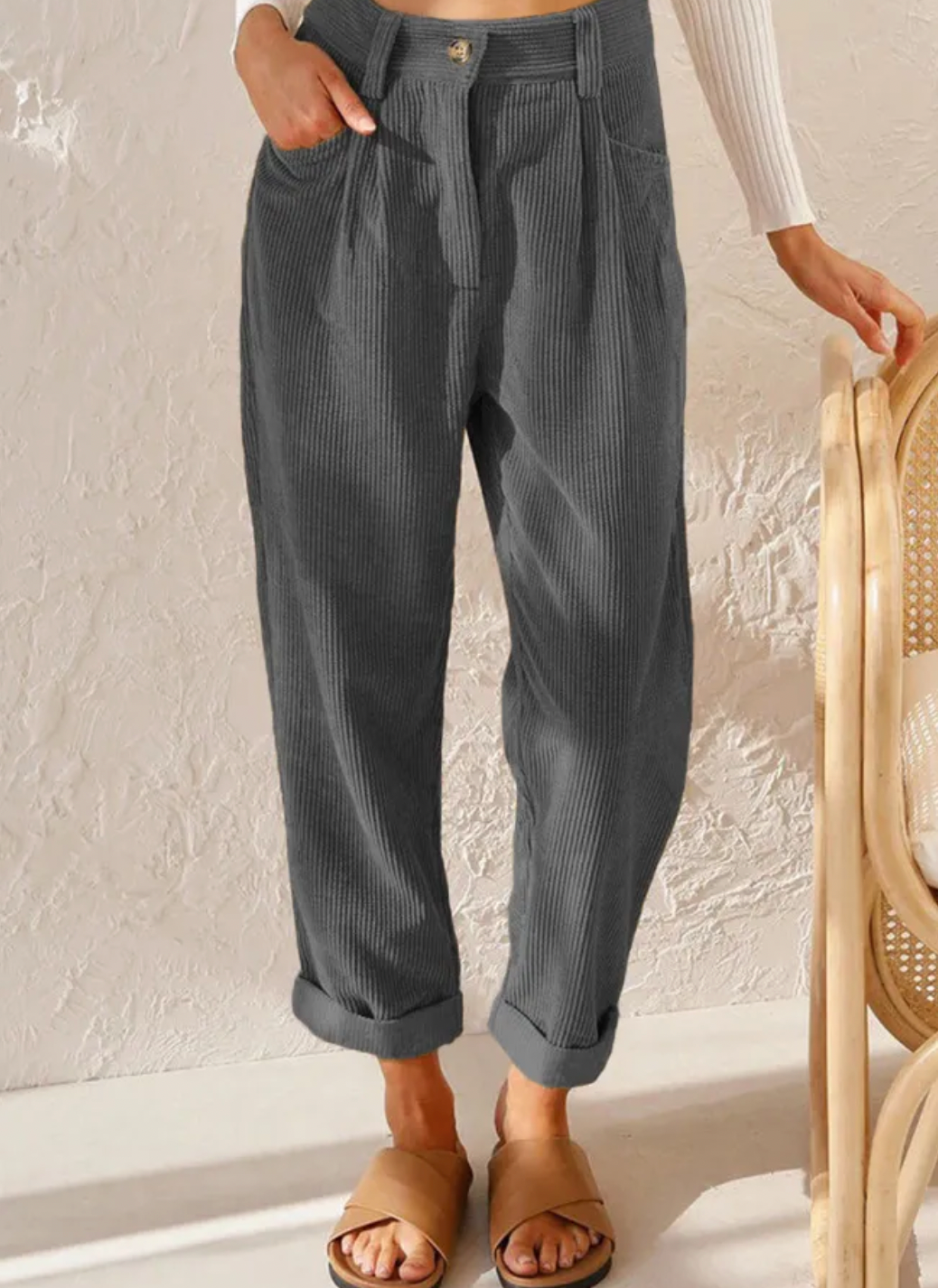 Cordbyxor | Corduroy | Hög midja | Baggybyxor | Dambyxor-Mira Lina