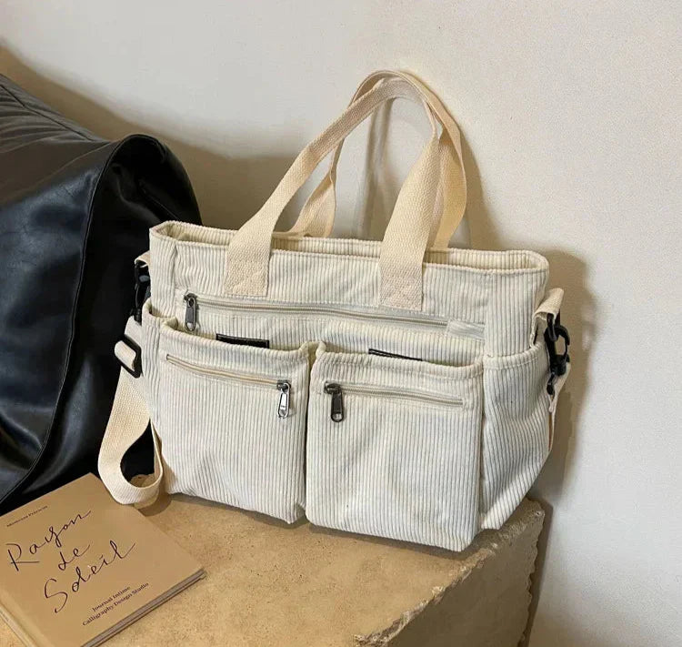 Corduroy Bag - Flerfackad axelväska för kvinnor med lång rem-Mira Lina