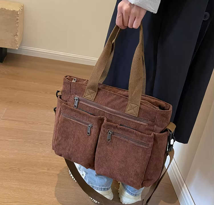 Corduroy Bag - Flerfackad axelväska för kvinnor med lång rem-Mira Lina