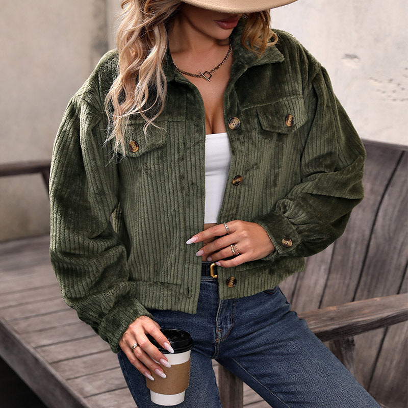 Corduroy Jacket - Kort - Knappar - Grön jacka - Damjacka-Mira Lina