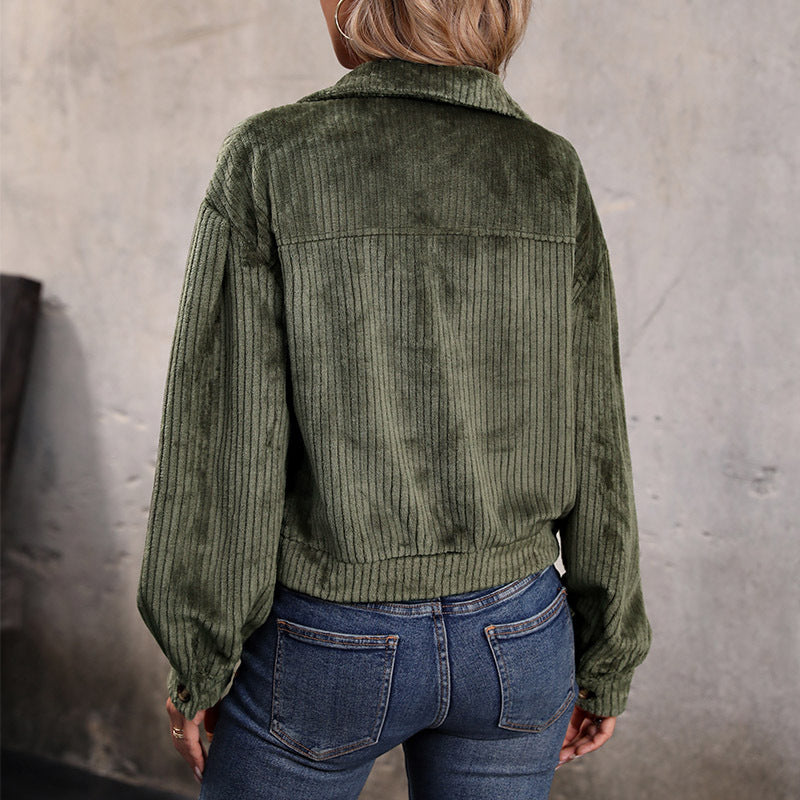 Corduroy Jacket - Kort - Knappar - Grön jacka - Damjacka-Mira Lina