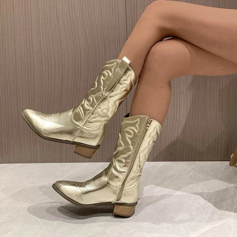 Cowboystövlar - Metallic - Mid Heel - Western Boots - Cowgirl Boots-Mira Lina