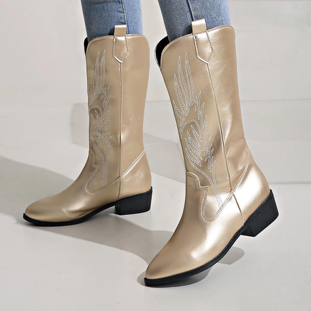 Cowgirl-stövlar - Metallic lågklackade Western Cowboy-stövlar för Kvinnor-Mira Lina