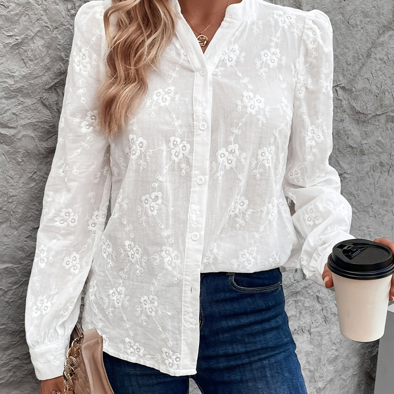 Damskjorta – Broderad – Långärmad – Vit skjorta – Knäppt blus-Mira Lina
