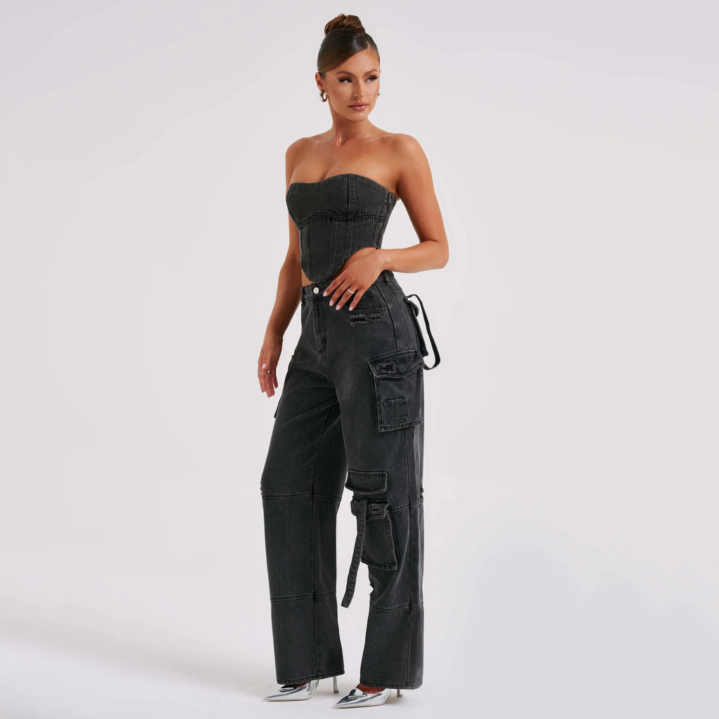 Denim-set – kort tubtop och löst sittande cargobyxor för damer, tvådelat set-Mira Lina