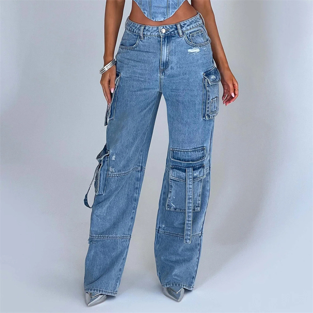 Denim-set – kort tubtop och löst sittande cargobyxor för damer, tvådelat set-Mira Lina