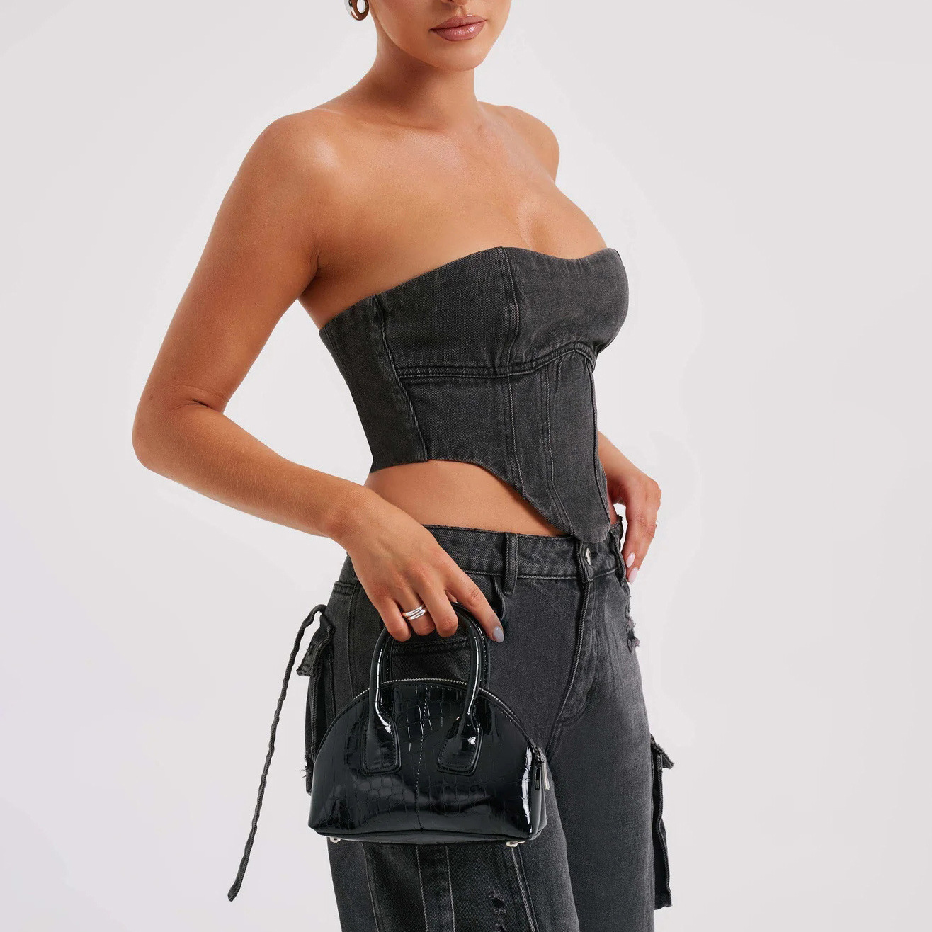 Denim-set – kort tubtop och löst sittande cargobyxor för damer, tvådelat set-Mira Lina