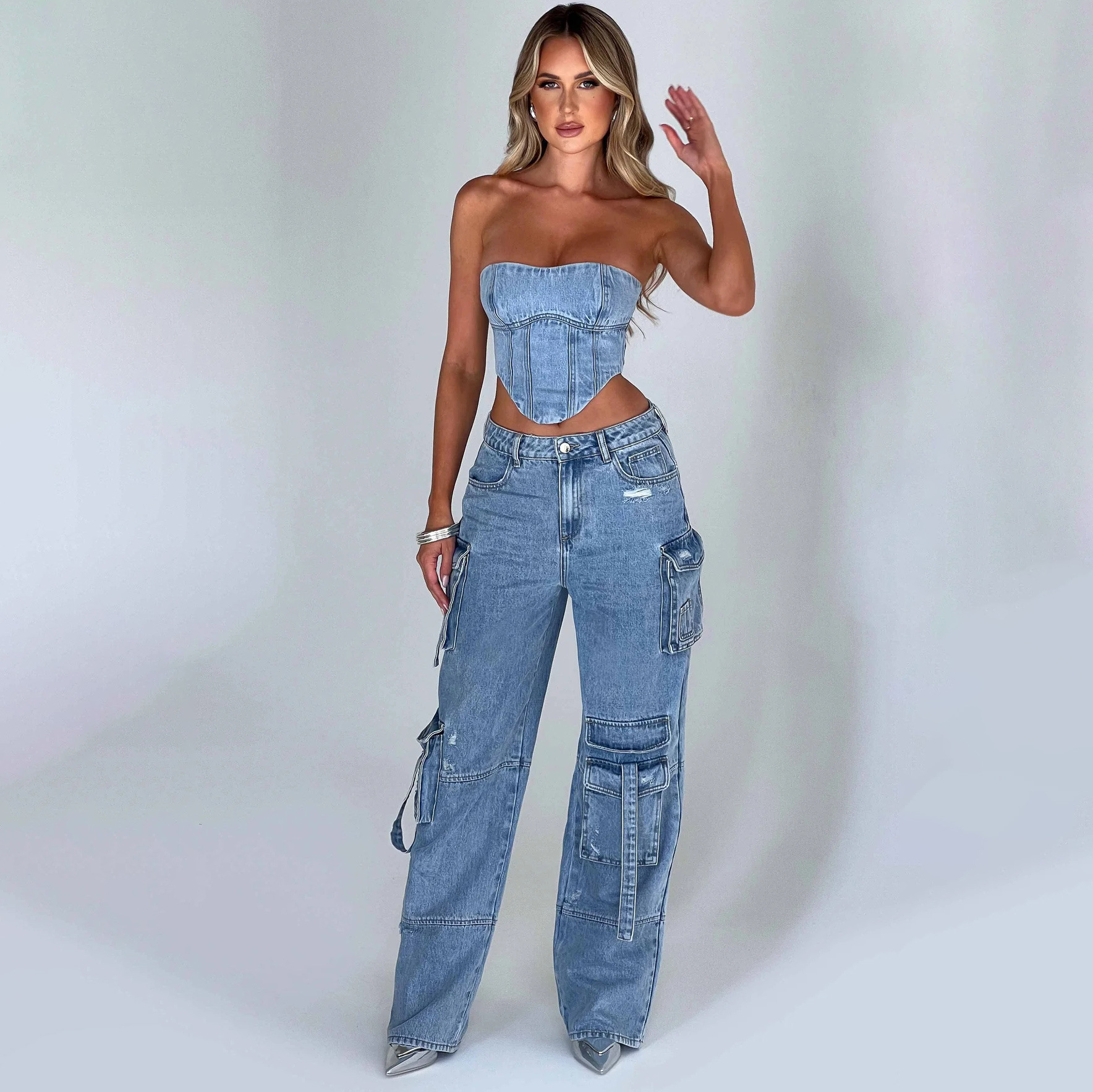 Denim-set – kort tubtop och löst sittande cargobyxor för damer, tvådelat set-Mira Lina