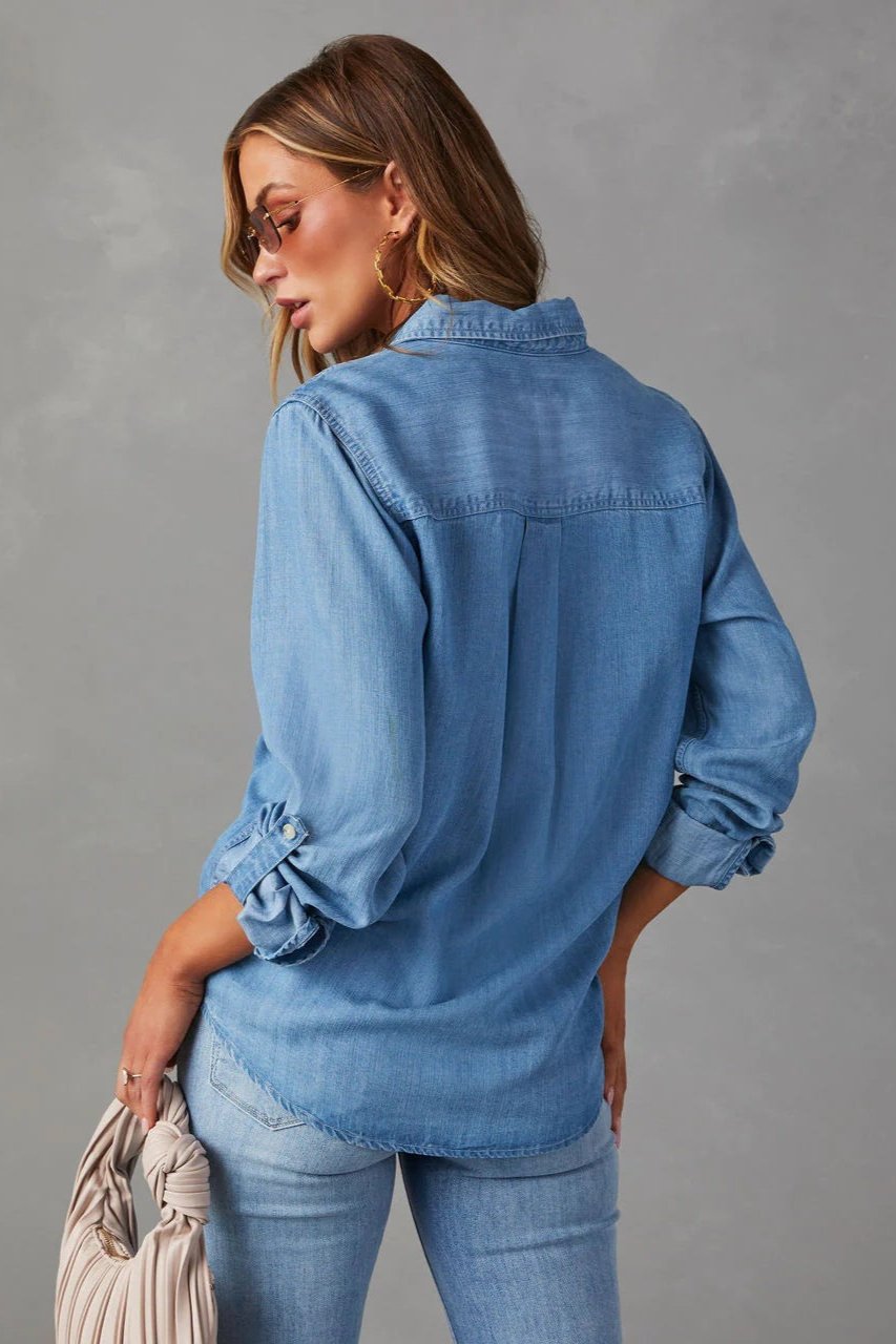 Denimskjorta | Långärmad | Bröstfickor | Knappskjorta | Damskjorta-Mira Lina