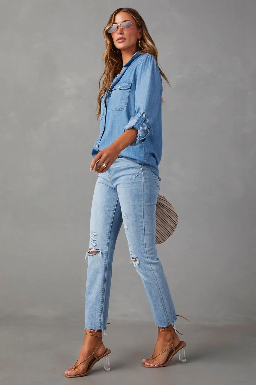 Denimskjorta | Långärmad | Bröstfickor | Knappskjorta | Damskjorta-Mira Lina
