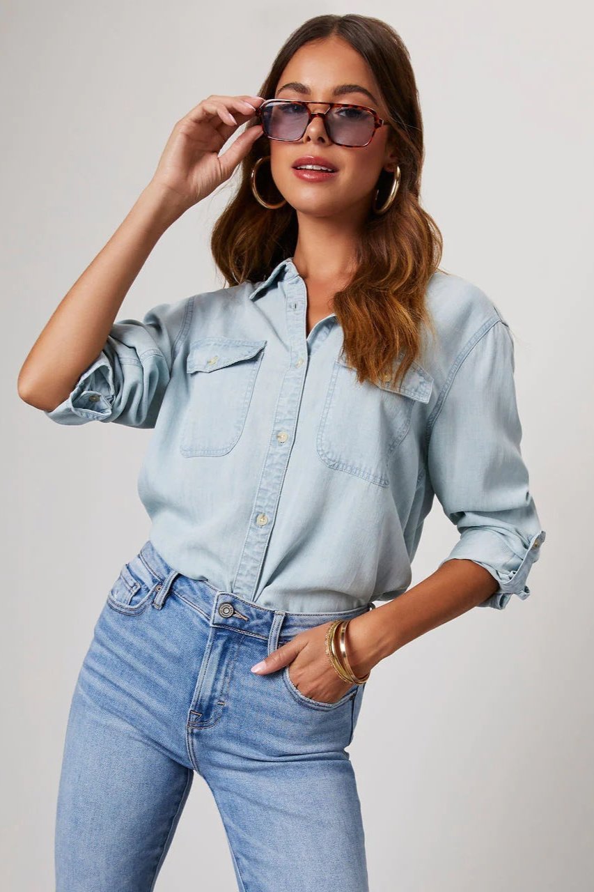 Denimskjorta | Långärmad | Bröstfickor | Knappskjorta | Damskjorta-Mira Lina