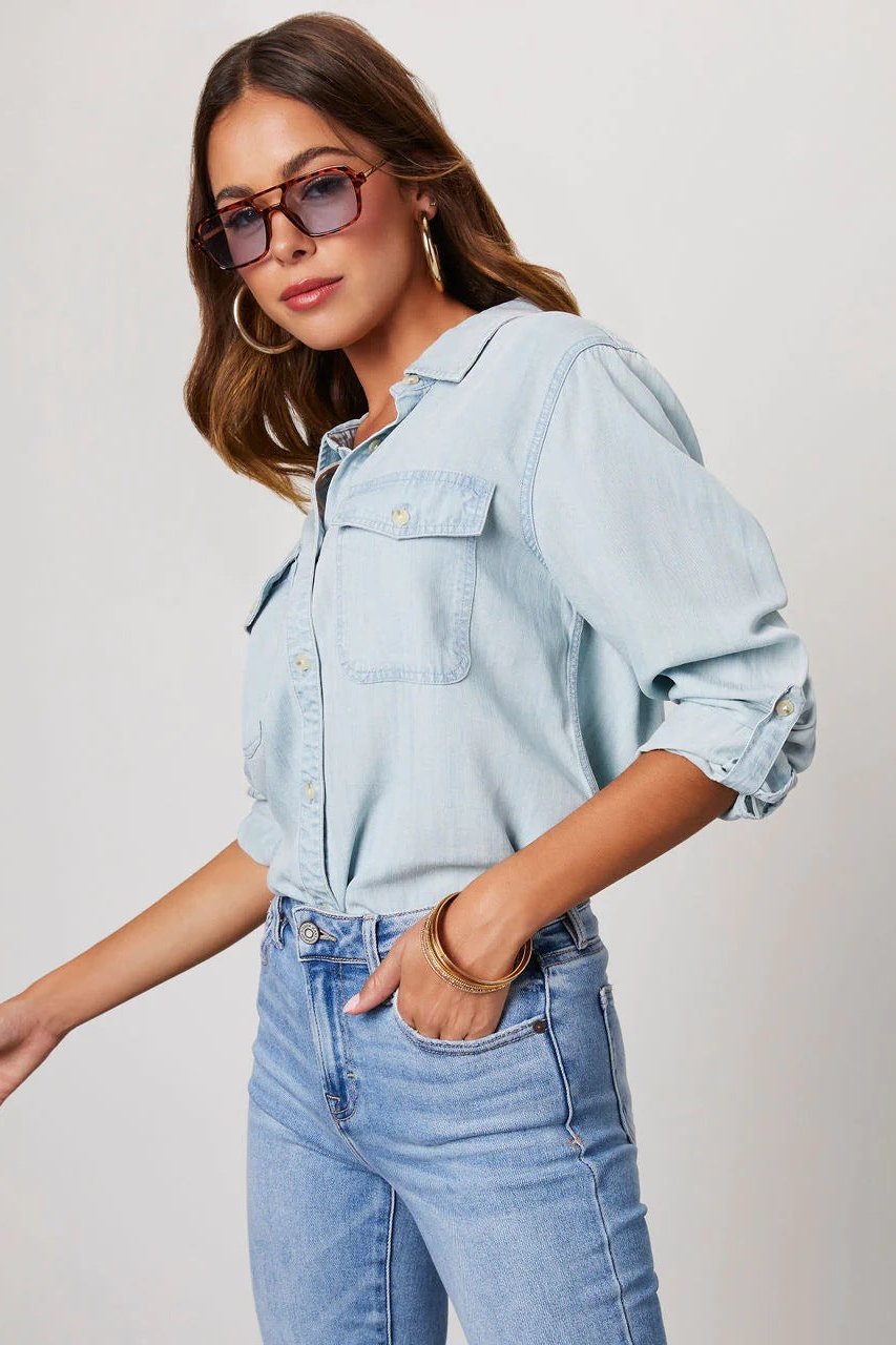 Denimskjorta | Långärmad | Bröstfickor | Knappskjorta | Damskjorta-Mira Lina