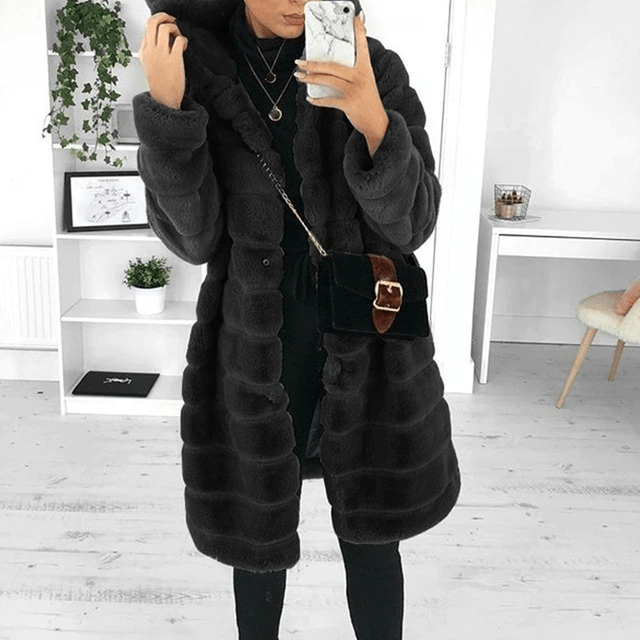 Faux Fur Coat - Vinterjacka med huva och långluggigt tyg för kvinnor-Mira Lina