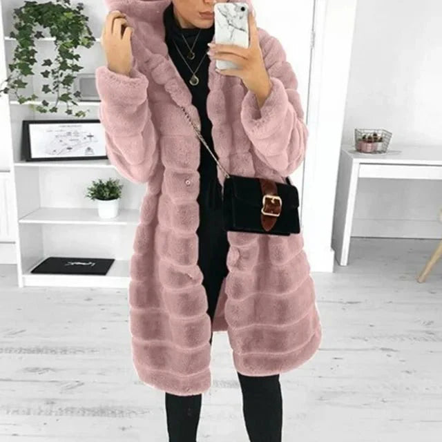 Faux Fur Coat - Vinterjacka med huva och långluggigt tyg för kvinnor-Mira Lina