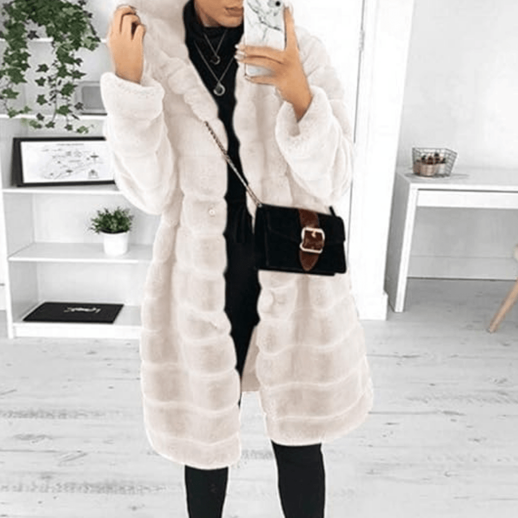 Faux Fur Coat - Vinterjacka med huva och långluggigt tyg för kvinnor-Mira Lina