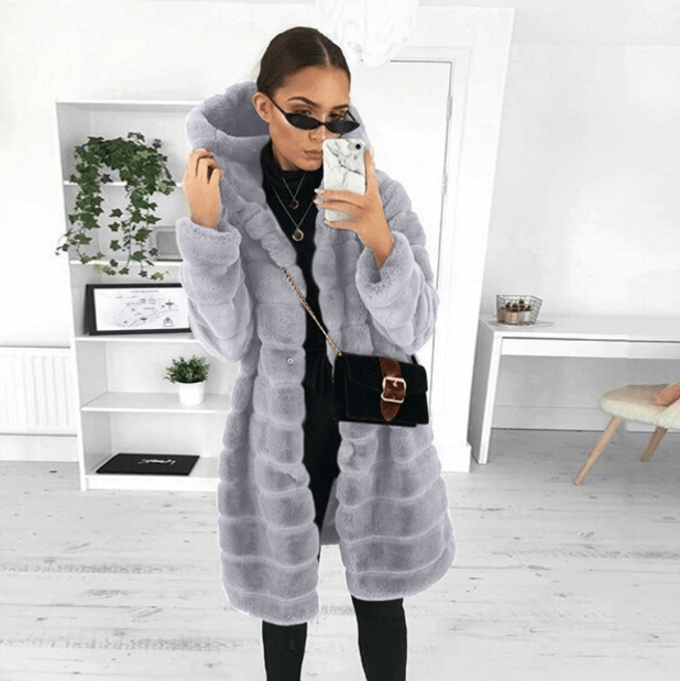 Faux Fur Coat - Vinterjacka med huva och långluggigt tyg för kvinnor-Mira Lina