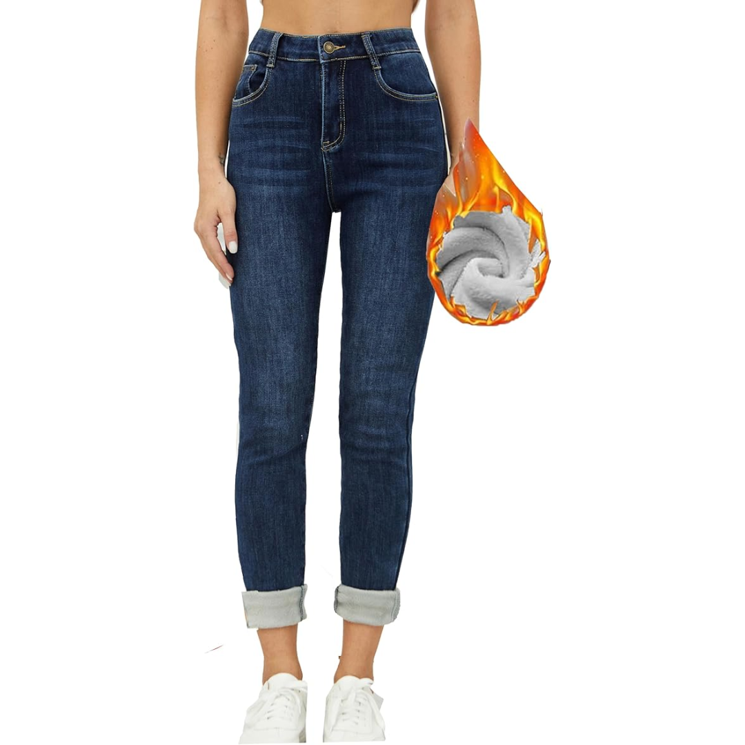 Fleecefodrade jeans – Hög midja – Vinter – Skinny jeans – Damjeans-Mira Lina