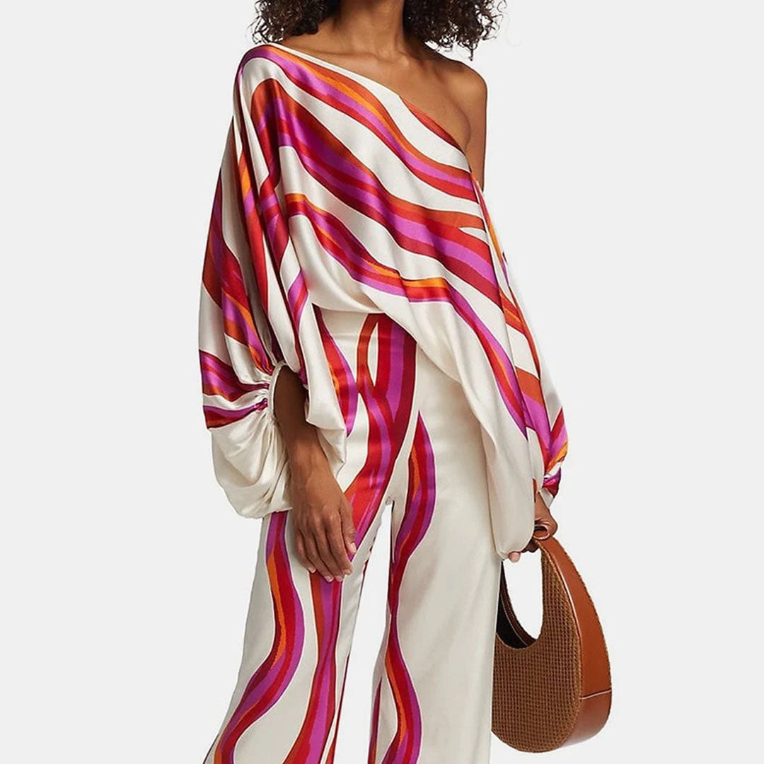 Glansväv Co-Ord - Tvådelat set med off shoulder-blus och byxor med vida ben för kvinnor-Mira Lina