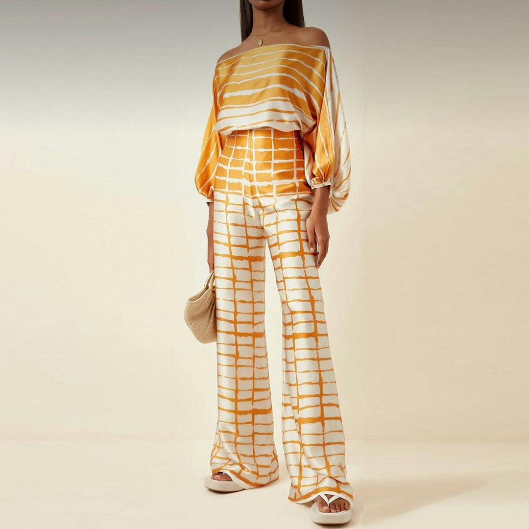 Glansväv Co-Ord - Tvådelat set med off shoulder-blus och byxor med vida ben för kvinnor-Mira Lina