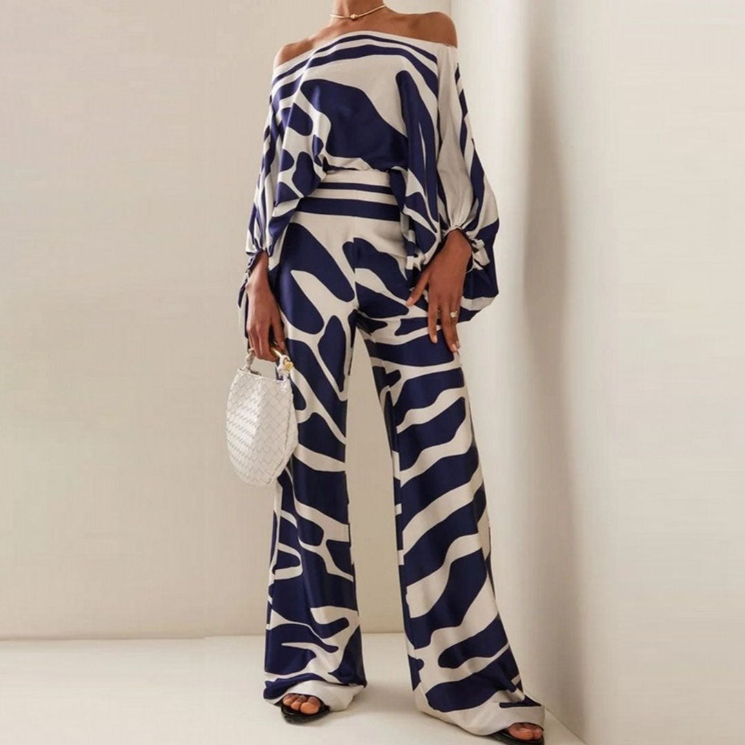 Glansväv Co-Ord - Tvådelat set med off shoulder-blus och byxor med vida ben för kvinnor-Mira Lina