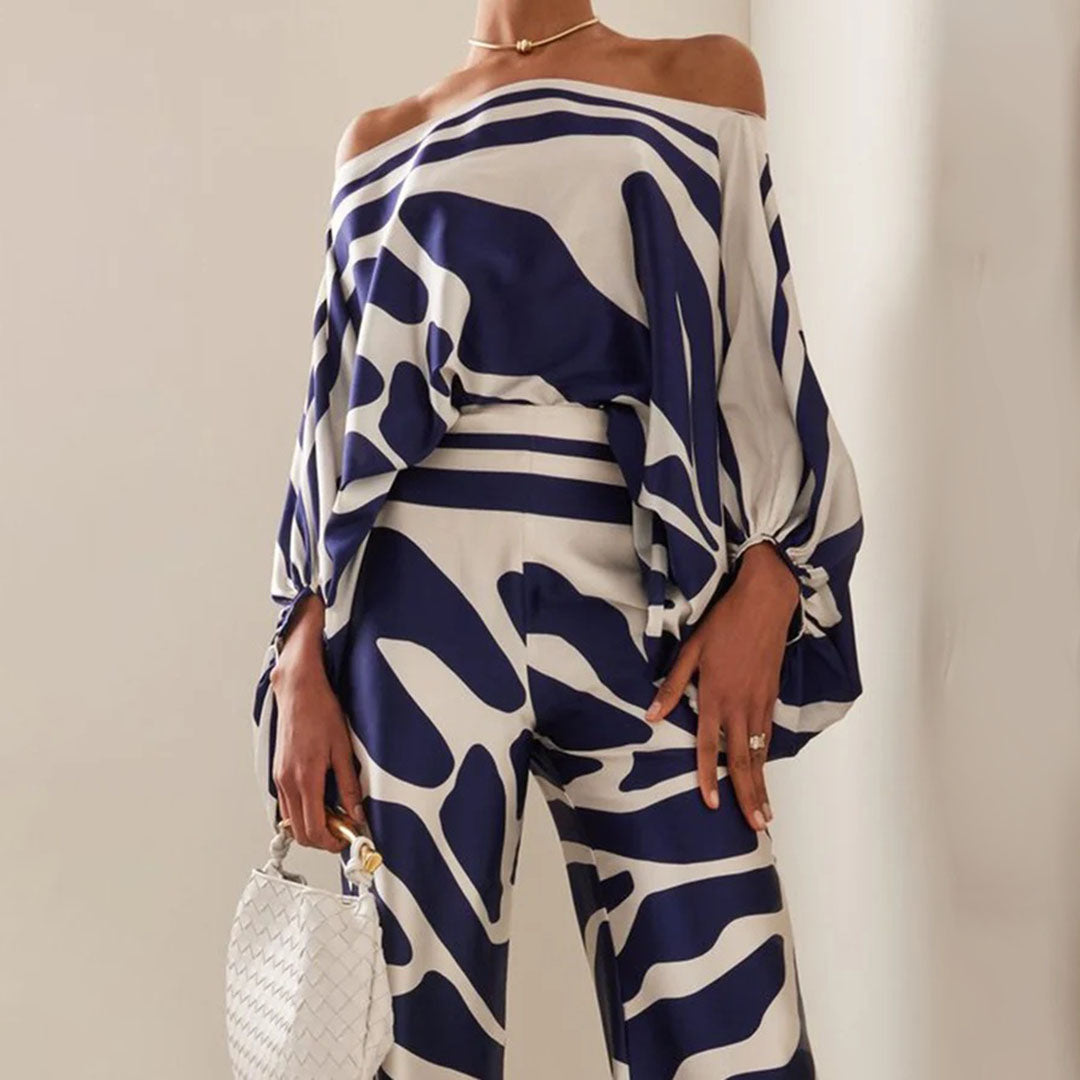 Glansväv Co-Ord - Tvådelat set med off shoulder-blus och byxor med vida ben för kvinnor-Mira Lina