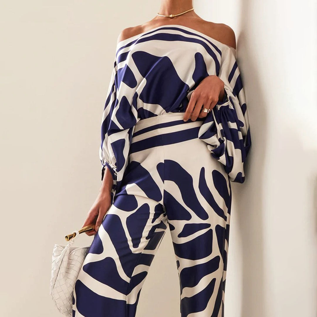 Glansväv Co-Ord - Tvådelat set med off shoulder-blus och byxor med vida ben för kvinnor-Mira Lina
