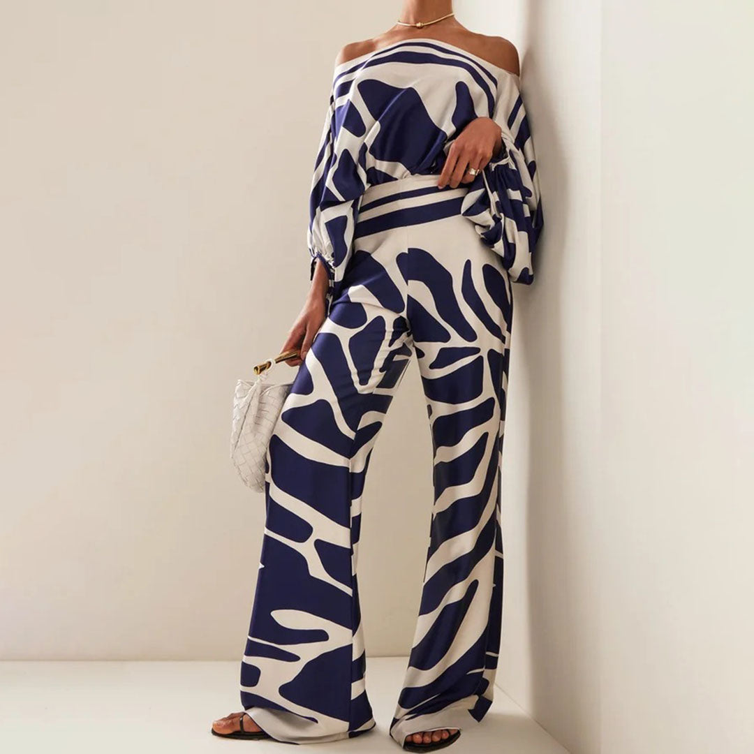 Glansväv Co-Ord - Tvådelat set med off shoulder-blus och byxor med vida ben för kvinnor-Mira Lina