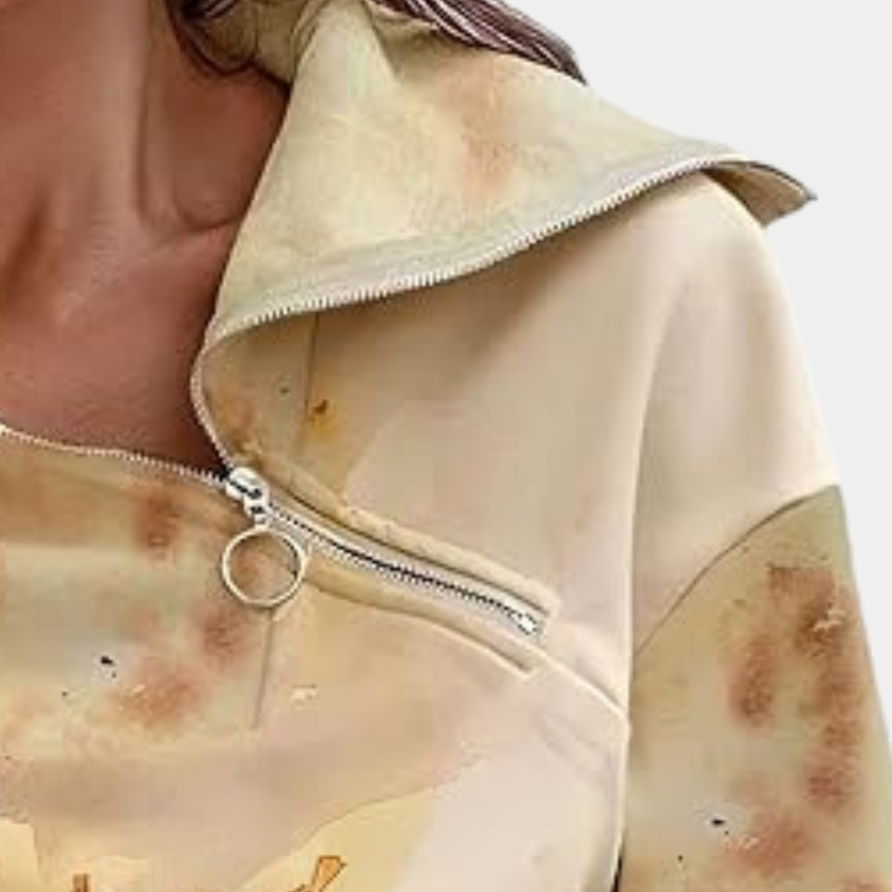 Gul Tröja - Bladmönster - Dragkedja i halsen - Tröja - Damksyntetmaterial med struktur-Mira Lina