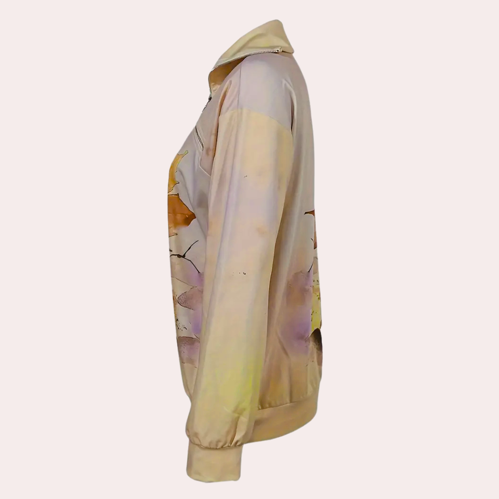 Gul Tröja - Bladmönster - Dragkedja i halsen - Tröja - Damksyntetmaterial med struktur-Mira Lina