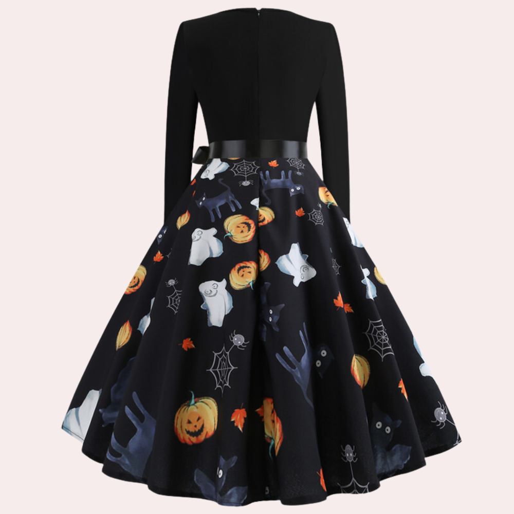 Halloween-klänning | Pumpamönster | Långärmad | Fit and Flare-klänning | Damklänning-Mira Lina