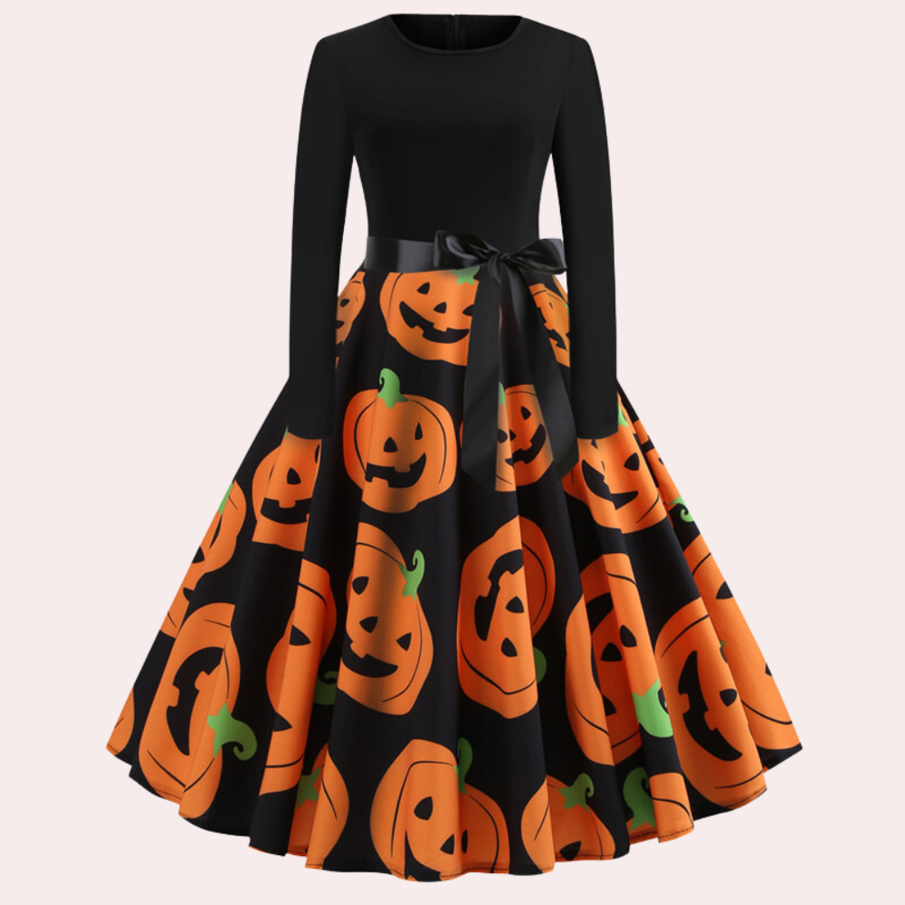 Halloween-klänning | Pumpamönster | Långärmad | Fit and Flare-klänning | Damklänning-Mira Lina