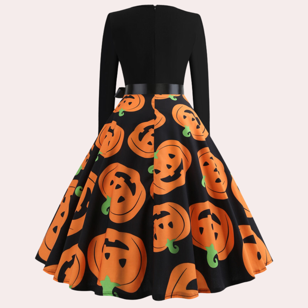 Halloween-klänning | Pumpamönster | Långärmad | Fit and Flare-klänning | Damklänning-Mira Lina